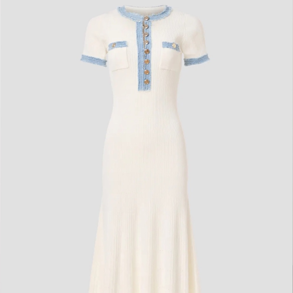 EUC Sandro Alecia Dress Size 40 (US 8) - White with Denim details